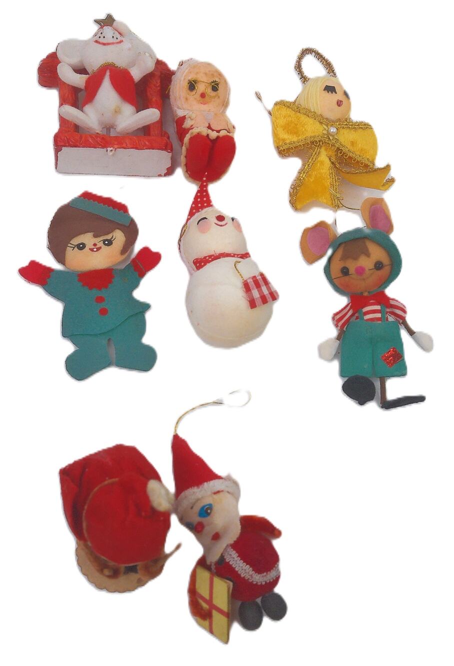 Vintage MCM Kitsch Christmas Ornament Lot Japan Felt Mouse Angel Santa Set of 8